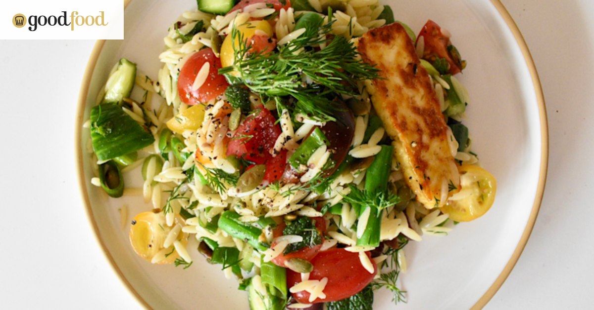 Golden halloumi bowl with summer vegetables and risoni