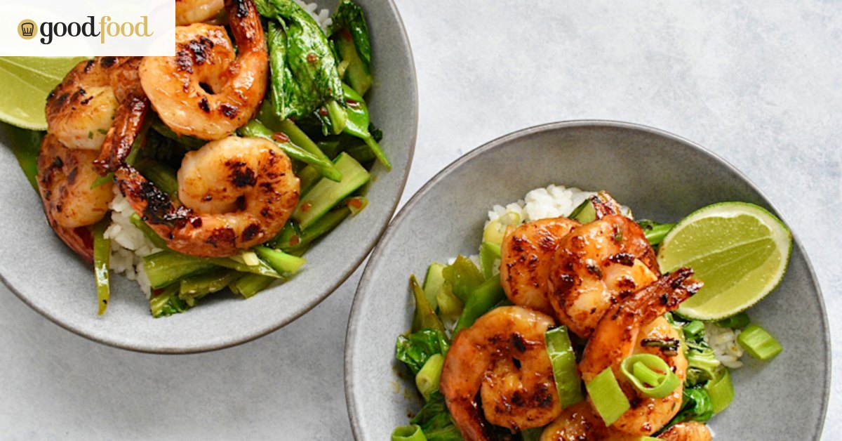 Sweet chilli prawns with Asian greens and rice