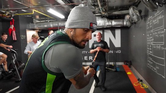 Nick Kyrgios hard at work at The Den in Canberra.