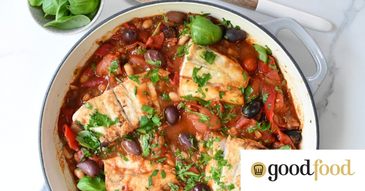 Healthy Mediterranean one-pan fish recipe with tomatoes, olives & beans