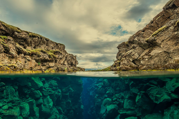 A fissure in tectonic plates in Thingvellir in Iceland. 