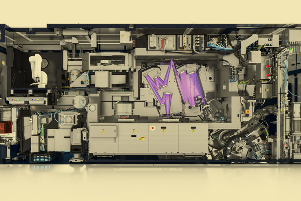 The light path inside a machine by Dutch company ASML conducts extreme ultraviolet lithography on a silicon wafer. 