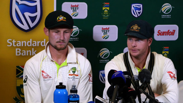 Dark chapter: Cameron Bancroft and Steve Smith admit to the ball tampering in Cape Town. 