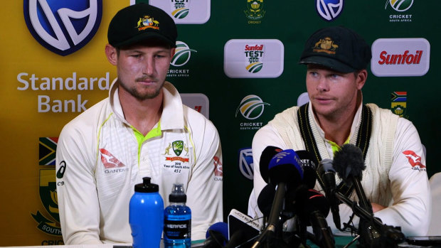 Cameron Bancroft and Steve Smith face the media in Cape Town.
