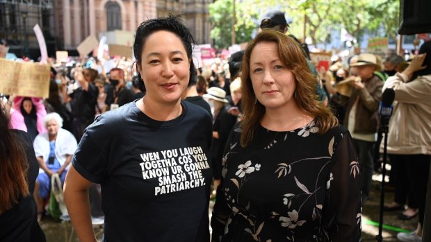 The Greens Jenny Leong and Abigail Boyd at the March 4 Justice protest in Sydney on Monday.
