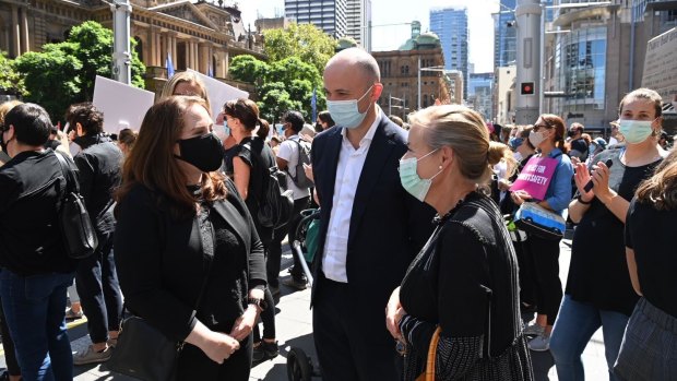 Matt Kean NSW Environment minister and Liberal MP Felicity Wilson attend the Women’s March 4 Justice protest in Sydney.