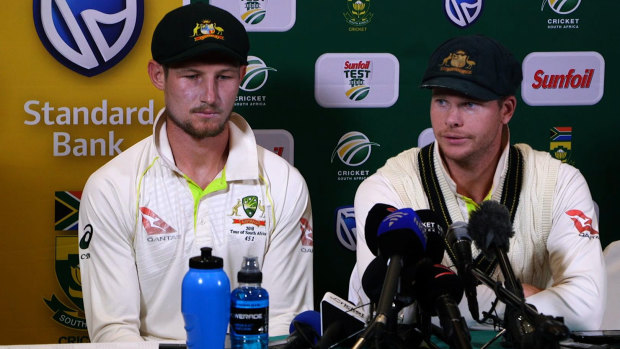 Cameron Bancroft and Steve Smith face the media in Cape Town.