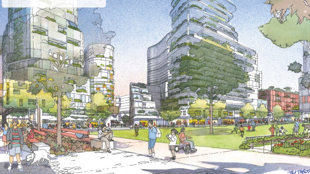 An artist's impression for one of the options of the redevelopment. The government's preferred masterplan includes two parks and a widened George Street "boulevarde". 