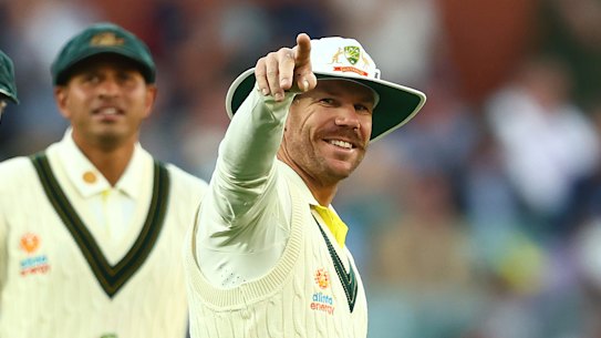 David Warner in the field with Steve Smith and Usman Khawaja.