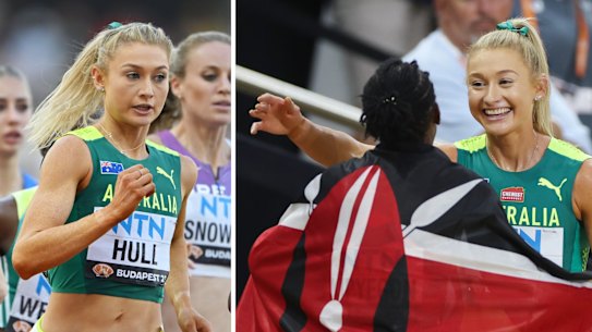 Australian Jessica Hull competes in the 1500m final at the world championships in Budapest (left) and congratulates winner, Kenyan Faith Kipyegon, afterwards.