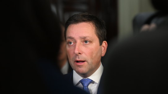 Victorian Opposition Leader Matthew Guy addressing the media after a Liberal Party meeting resulted in controversial MP Bernie Finn being expelled from the party. 