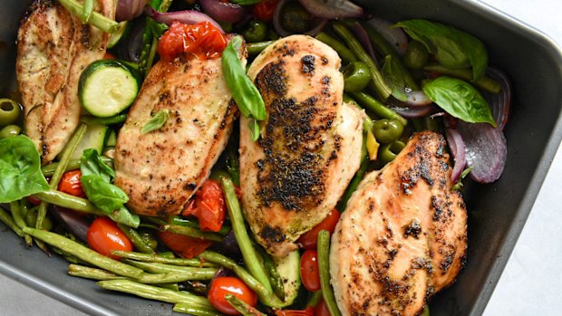 A drizzle of lemon juice and a scatter of basil leaves and feta adds spark to this one-tray wonder.