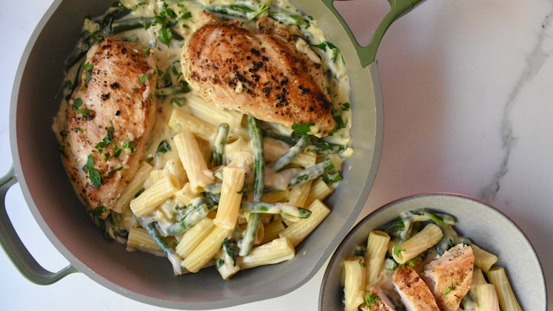 One-pan creamy garlic chicken with greens