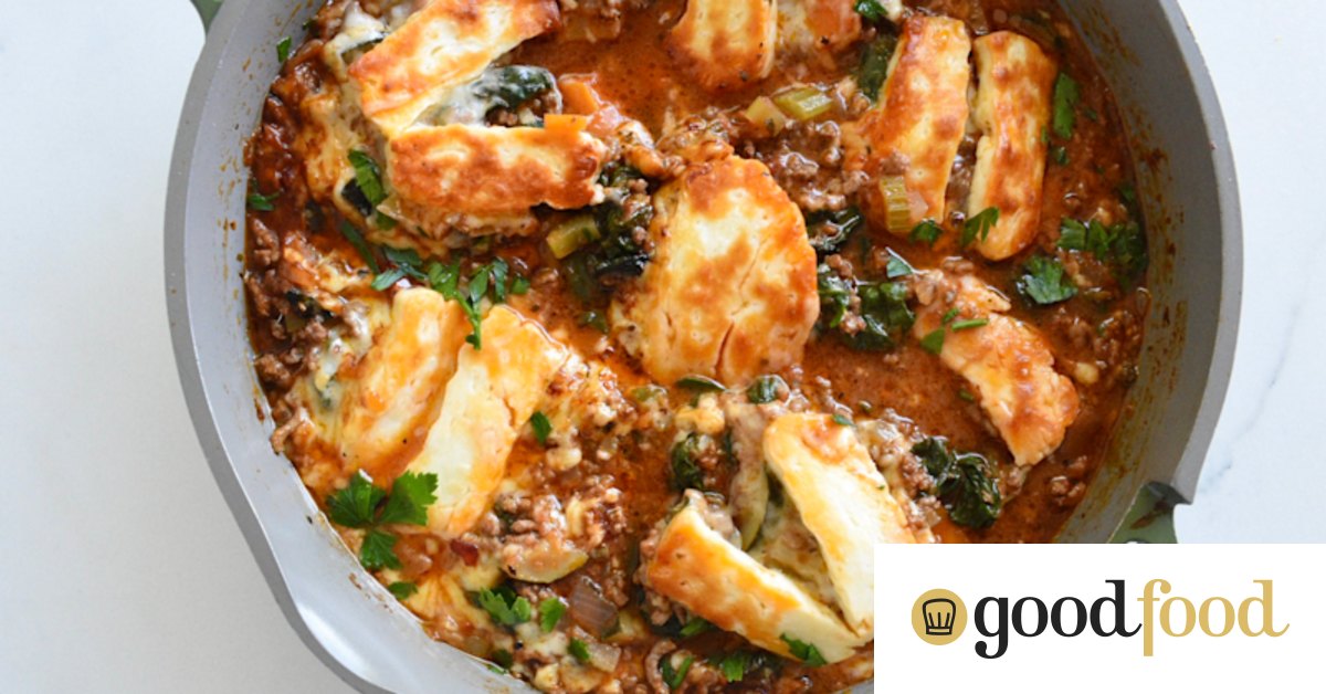 Gluten-free beef, cherry tomato and halloumi bake recipe