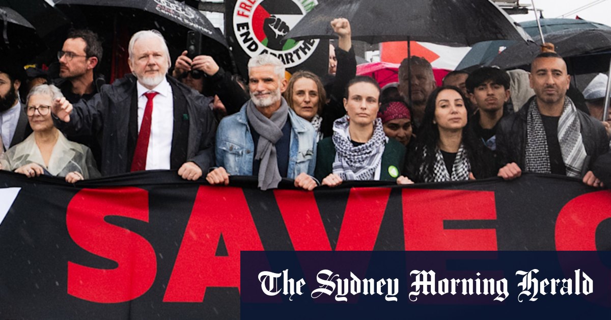 Who marched next to Julian Assange, Craig Foster and Mehreen Faruqi at the pro-Palestinian protest?