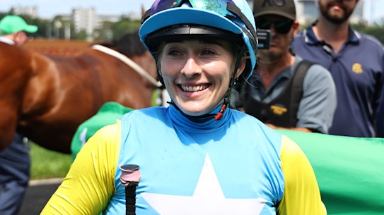 Mollie Fitzgerald was all smiles after winning on Brave Xena at Randwick on February 28.