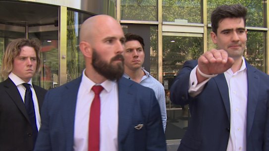 Thomas Sewell and Jacob Hersant outside the Melbourne County Court on Friday.