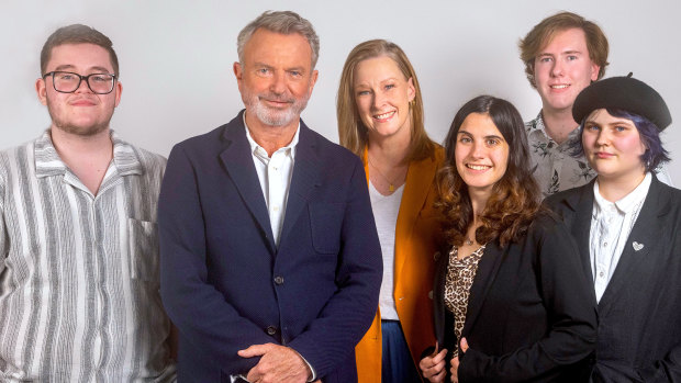 The Assembly participants (from left) Dale, Stephanie, Jackson and Evie with Sam Neil and Leigh Sales.