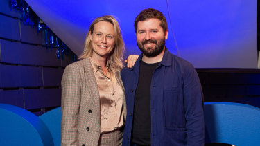 Marta Dusseldorp and Kip Williams at the launch of STC's 2020 season at the Roslyn Packer Theatre in Walsh Bay.