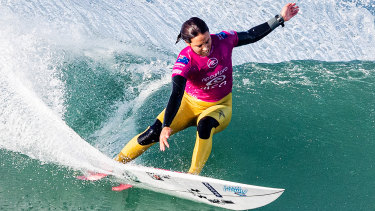 Eliminated: Sally Fitzgibbons surfs in the Supertubos at the Rip Curl Pro Portugal.