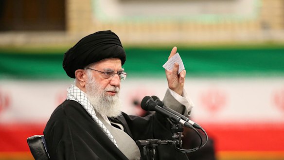 Official website of the office of the Iranian supreme leader, Supreme Leader Ayatollah Ali Khamenei speaks in a meeting in Tehran, Iran.