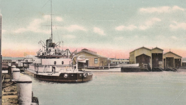 A coloured photo of the HMVS Cerberus at the Williamstown Naval Depot in 1902.