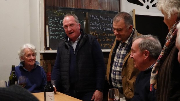 Barnaby Joyce on the campaign trail with candidate Trevor Hicks at the Royal Hotel in Adelong on Saturday night.