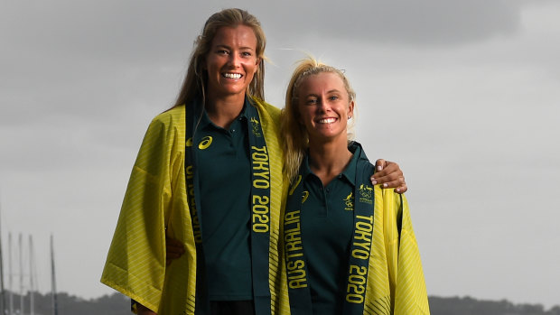 Jaime Ryan (left) and Tess Lloyd after being announced as Australia's representatives in the 49er FX class in Tokyo.