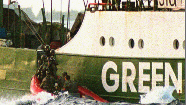 French navy commandos board the Greenpeace ship Rainbow Warrior II in July, 1995. The next year the French film festival was cancelled in Sydney.