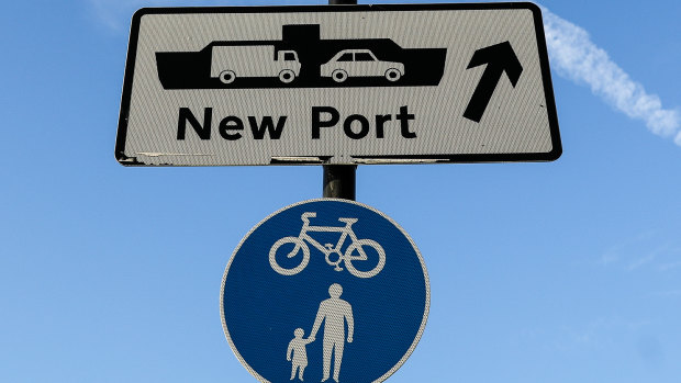 Signs to the port of Ramsgate, an old sea route the British government plans to re-open to ease post-Brexit backlogs on freight between England and Belgium.