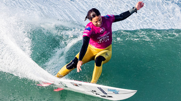 Eliminated: Sally Fitzgibbons surfs in the Supertubos at the Rip Curl Pro Portugal.