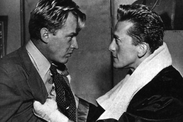 Kirk Douglas as a boxer opposite Arthur Kennedy in the 1949 movie Champion.