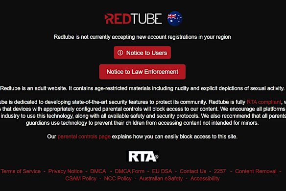 The notice that users are being greeted with on RedTube, which is an Aylo website.