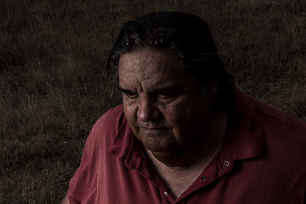 Gunditjmara elder Uncle Daryl Rose in front of the killing field known as Murderers’ Flat.