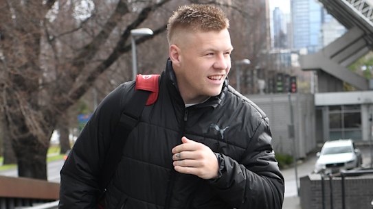 (L-R) Jordan De Goey, Jeremy Howe and Taylor Adams at Collingwood's Holden Centre on Saturday morning. 