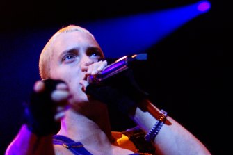Eminem performing at Rod Laver Arena in 2001. 