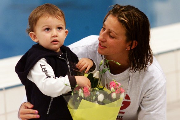 Hayley Lewis at the Sydney 2000 Olympic trials with son Jacob.