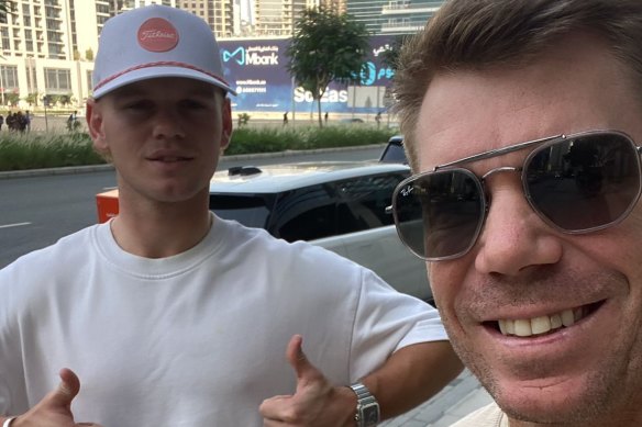 Jake Fraser-McGurk with David Warner in Dubai.