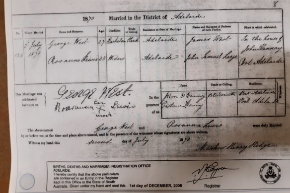 An 1870 marriage certificate for Rosanna Lewis recording her second marriage in Adelaide to George West. Her great-great-grandson Rodney Dowling cites the X mark on this certificate as proof that Lewis was Aboriginal.  