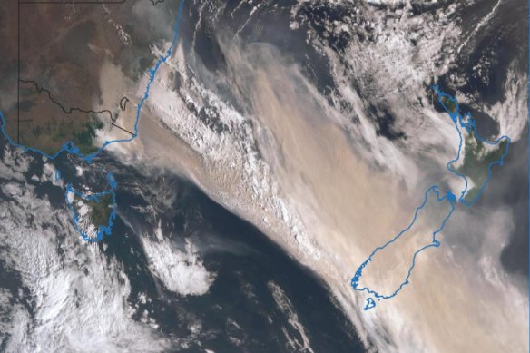 An example of satellite imagery (here showing smoke from Black Summer fires obscuring New Zealand) Australia sources from foreign-owned satellites, in this case Japan’s Himawari-8.