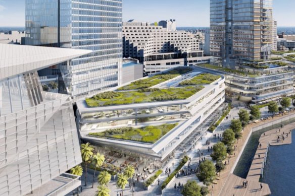 The lower levels of the redeveloped 1980s shopping centre will include campus-style offices and green rooftops. 
