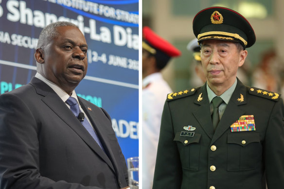 El secretario de Defensa de los Estados Unidos, Lloyd Austin, y el general chino Li Changfu.