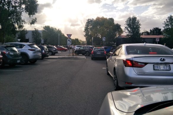 The line of traffic exiting the carpark at The Forage in Fyshwick.