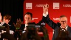 Labor leader Chris Minns and Prime Minister Anthony Albanese celebrate with supporters at the Novotel Hotel in Brighton-Le-Sand.