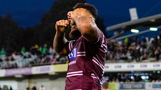 Cry baby ... Addin Fonua-Blake mocks the Raiders crowd after Manly's epic win on Sunday.
