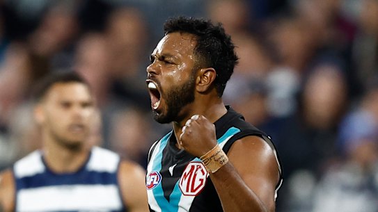 Back on deck: Willie Rioli returned to Alberton on Monday, with the Power hopeful he lines up against Geelong on Saturday.