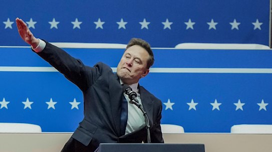 Musk at Trump’s inauguration celebration. He has denied that it was a Nazi salute.