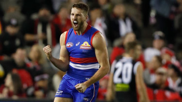 Marcus Bontempelli revels in the moment after booting a goal against St Kilda earlier in the season.