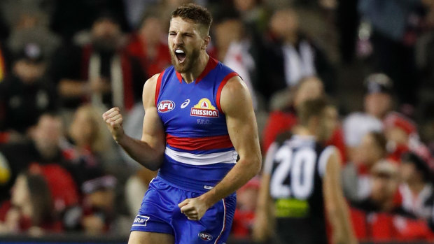 Marcus Bontempelli revels in the moment after booting a goal against St Kilda earlier in the season.