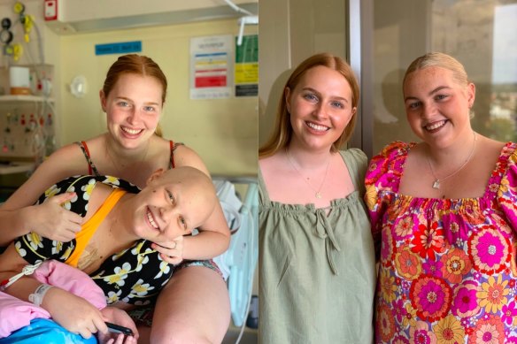 Dubbo sisters Molly and Maddison Croft attended hospital school while Molly received cancer treatment in Sydney. Pictured during Molly’s stay (left) and this year. 